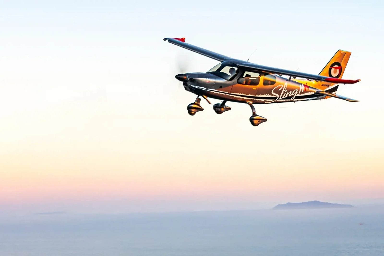 Sling High Wing four-seat aircraft in flight at sunset (photo: Sling Aircraft)